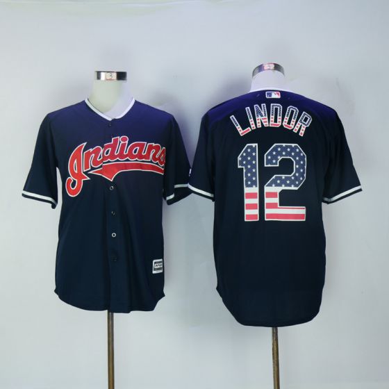 Men Cleveland Indians #12 Francisco Lindor Blue USA Flag Fashion MLB Jerseys